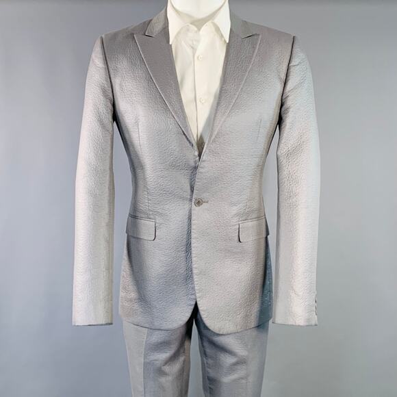 CALVIN KLEIN COLLECTION Size 38 Grey Textured Cotton Blend Peak Lapel Suit - Picture 1 of 16